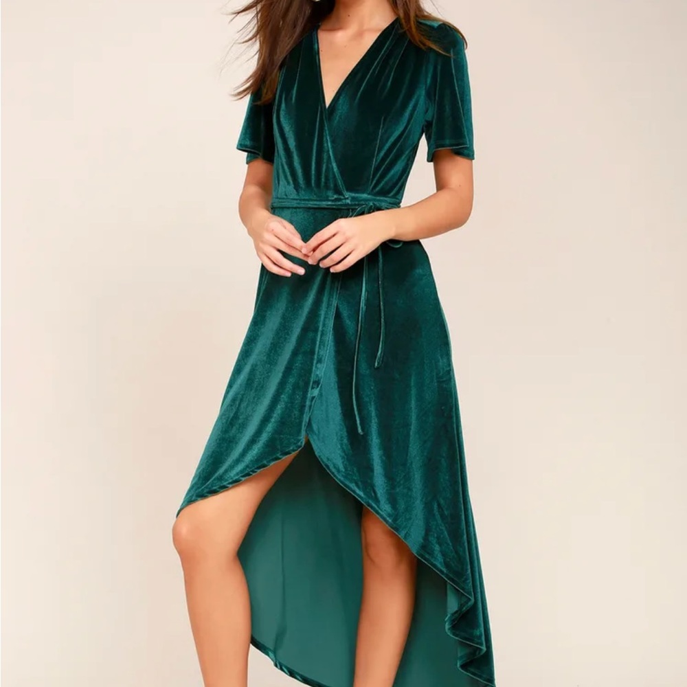 Lulus teal green velvet high-low wrap dress size S - Picture 7 of 8